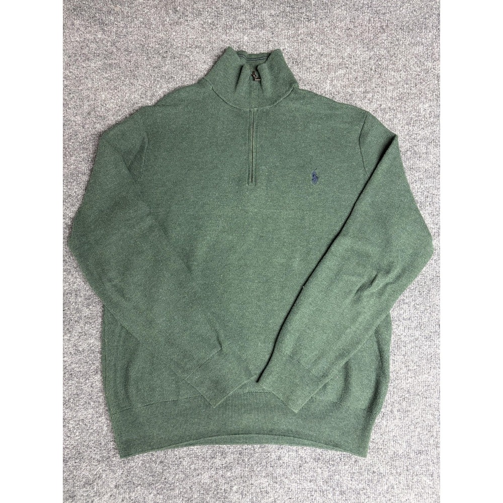 Polo Ralph Lauren Sweater Mens Medium Green 1/4 Zip Mock Neck Cotton Pullover